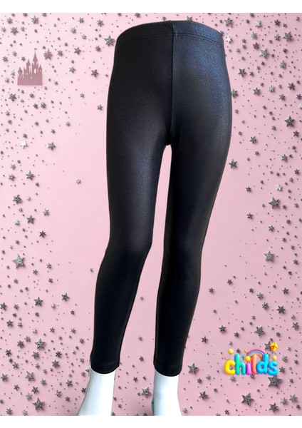 Siyah Uzun Deri Görünümlü Parlak Baskılı Kız Çocuk Pantolon Tayt fiyatları