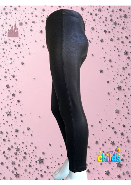 Siyah Uzun Deri Görünümlü Parlak Baskılı Kız Çocuk Pantolon Tayt indirimleri