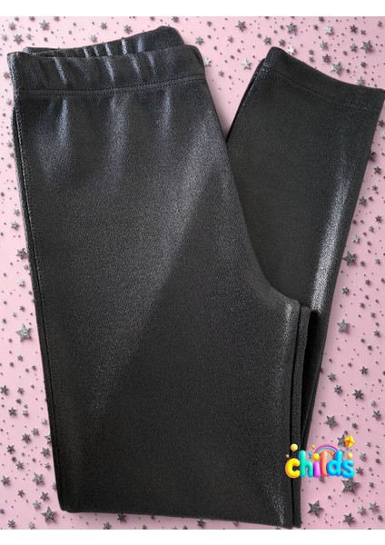 Siyah Uzun Deri Görünümlü Parlak Baskılı Kız Çocuk Pantolon Tayt