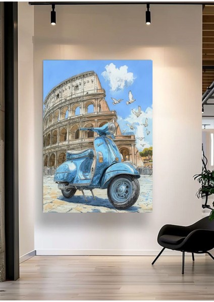Roma Kolezyum ve Mavi Vespa Çizim Tasarımlı Kanvas Tablo, Retro Italya Seyahat Temalı