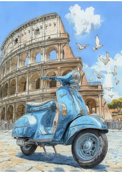 Roma Kolezyum ve Mavi Vespa Çizim Tasarımlı Kanvas Tablo, Retro Italya Seyahat Temalı fiyatları