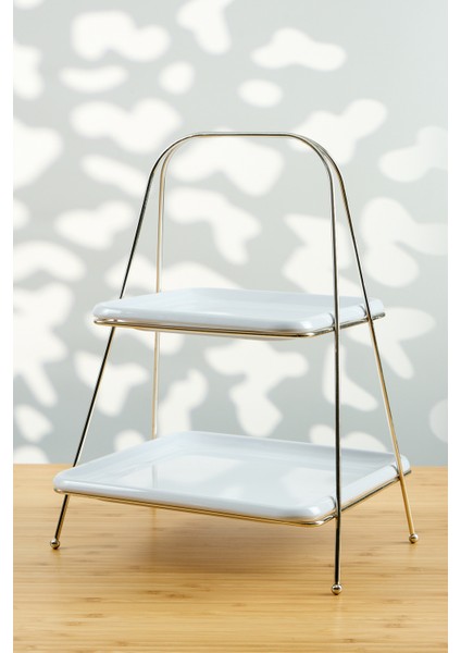 Lüks Iki Katlı Gümüş Renkli Metal Servis Sunum Standı – 22×22 cm / 18×18 cm Tabaklı, 32 cm Yükseklik