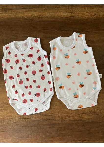 2 Adet Kolsuz Bebek Badi Body Zıbın Alttan Çıtçıtlı Bisiklet Yaka Yenidoğan Arı ve Uğur Böceği Desen