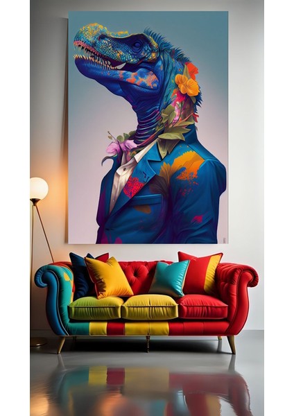 Renkli T-Rex V1 Ev Duvar Salon Güzellik Salonu Ofis Dükkan Dekarasyon Kanvas Tablo
