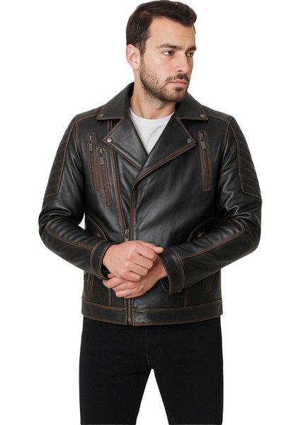 Lucas Hakiki Deri Erkek Vintage Eskitme Biker Motorcu Tarzı Mont