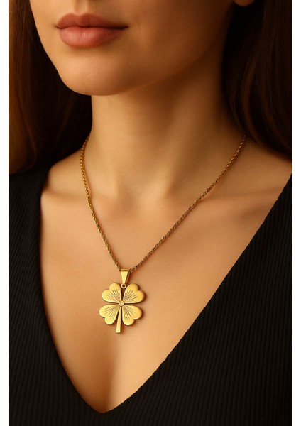 Gold Paslanmaz Çelik Burma Zincirli Yonca Model Kadın Kolye
