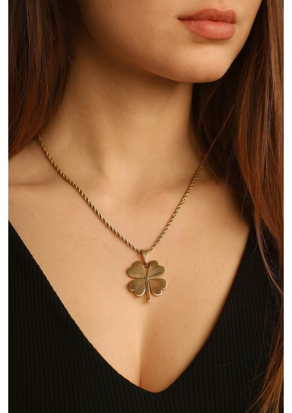 Gold Paslanmaz Çelik Burma Zincirli Yonca Model Kadın Kolye fiyatları