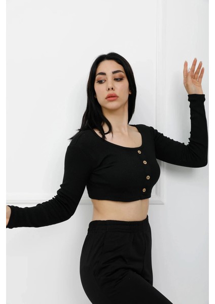 Düğmeli Mini Crop Bady Siyah - P-020494 fiyatları