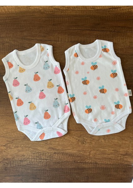 2 Adet Kolsuz Bebek Badi Body Zıbın Alttan Çıtçıtlı Bisiklet Yaka Yenidoğan Arı ve Armut Desen