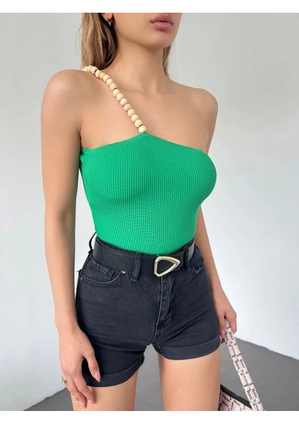 Ahşap Boncuk Detaylı Askılı Triko Bluz Yeşil - DF2303