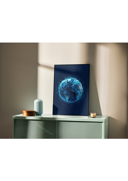 Metal Çerçeveli Gerçek Camlı Tablo, Dijital Ağ Dünya Temalı Tablo Dijital Baskı, Ev, Ofis Tablo