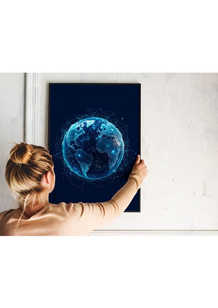 Metal Çerçeveli Gerçek Camlı Tablo, Dijital Ağ Dünya Temalı Tablo Dijital Baskı, Ev, Ofis Tablo fiyatları