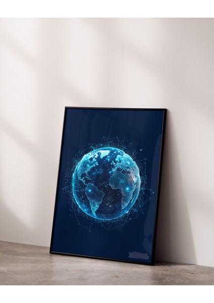 Metal Çerçeveli Gerçek Camlı Tablo, Dijital Ağ Dünya Temalı Tablo Dijital Baskı, Ev, Ofis Tablo modelleri