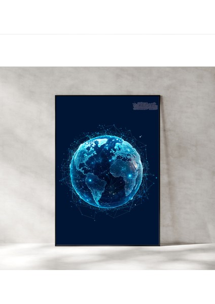 Metal Çerçeveli Gerçek Camlı Tablo, Dijital Ağ Dünya Temalı Tablo Dijital Baskı, Ev, Ofis Tablo indirimleri