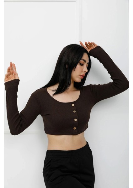Düğmeli Mini Crop Bady Kahve - P-020494