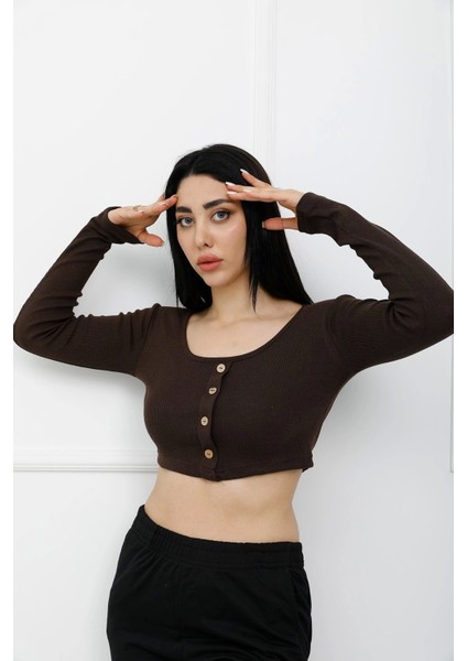 Düğmeli Mini Crop Bady Kahve - P-020494 fiyatları