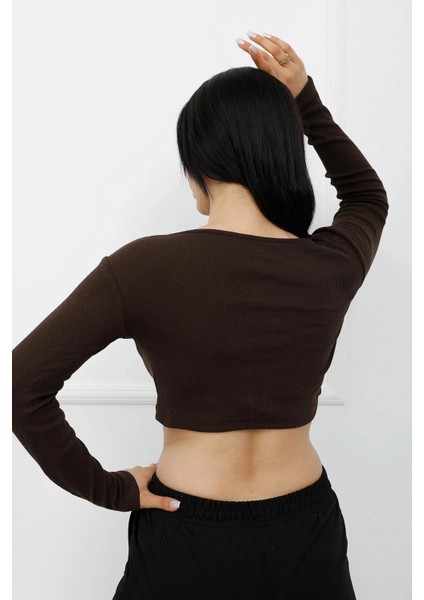 Düğmeli Mini Crop Bady Kahve - P-020494 modelleri