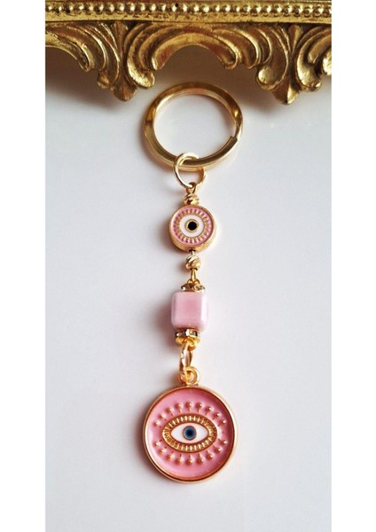 Hediyelik Zirkon Taşlı Nazar Boncuklu Pembe Şık Anahtarlık 10,5 cm