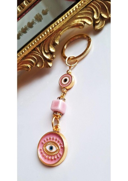 Hediyelik Zirkon Taşlı Nazar Boncuklu Pembe Şık Anahtarlık 10,5 cm fiyatları