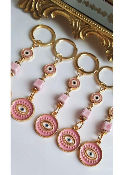 Hediyelik Zirkon Taşlı Nazar Boncuklu Pembe Şık Anahtarlık 10,5 cm fırsatları