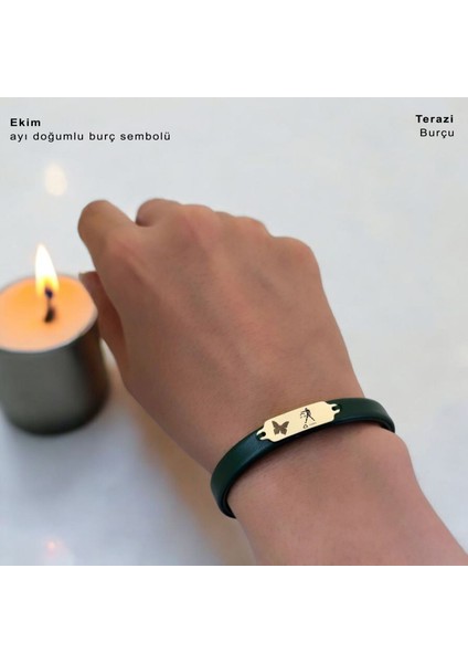 Altın Plakalı 14 Ayar Terazi Burçlarına Özel Kelebek Motifli Yeşil Derili Hediye BILEKLIK-650BURÇ