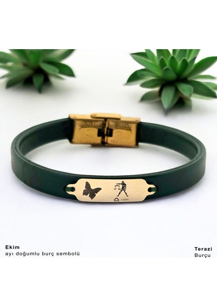 Altın Plakalı 14 Ayar Terazi Burçlarına Özel Kelebek Motifli Yeşil Derili Hediye BILEKLIK-650BURÇ fiyatları