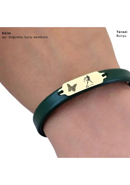 Altın Plakalı 14 Ayar Terazi Burçlarına Özel Kelebek Motifli Yeşil Derili Hediye BILEKLIK-650BURÇ fırsatları