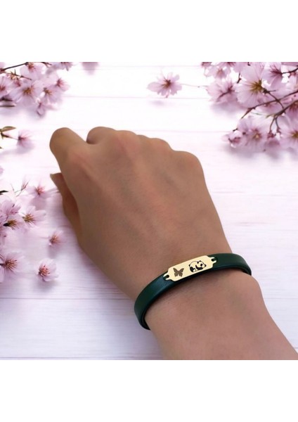 Altın Plakalı 14 Ayar Panda Temalı Yeşil Derili Kelebek Motifli Hediye BILEKLIK-650SEMBOL