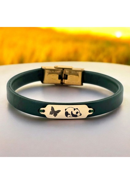 Altın Plakalı 14 Ayar Panda Temalı Yeşil Derili Kelebek Motifli Hediye BILEKLIK-650SEMBOL fiyatları