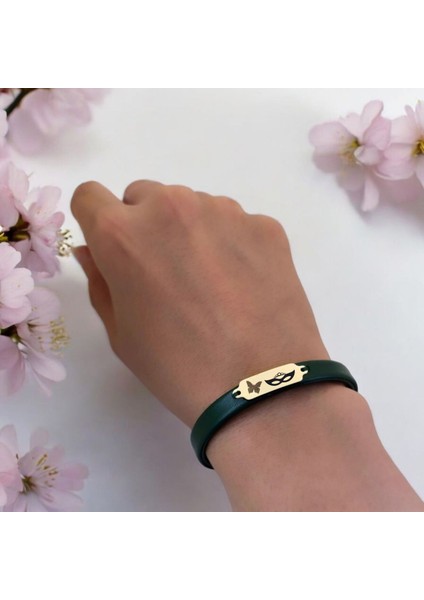 14 Ayar Altın Plakalı Bal Maske Temalı Yeşil Derili Kelebek Motifli Hediye BILEKLIK-650SEMBOL