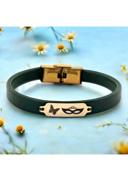 14 Ayar Altın Plakalı Bal Maske Temalı Yeşil Derili Kelebek Motifli Hediye BILEKLIK-650SEMBOL fiyatları