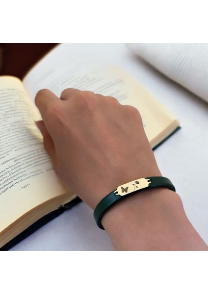 14 Ayar Altın Plakalı Gül Temalı Kelebek Motifli Yeşil Derili Hediye BILEKLIK-650SEMBOL