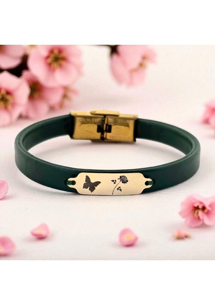 14 Ayar Altın Plakalı Gül Temalı Kelebek Motifli Yeşil Derili Hediye BILEKLIK-650SEMBOL fiyatları
