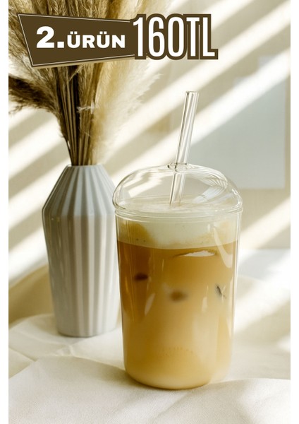 Cam Bardak Kapaklı ve Pipetli Kahve Sunum Bardağı Soğuk Kahve Bardağı Meşrubat Bardağı Casapetra