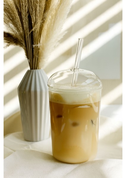 Cam Bardak Kapaklı ve Pipetli Kahve Sunum Bardağı Soğuk Kahve Bardağı Meşrubat Bardağı Casapetra fiyatları