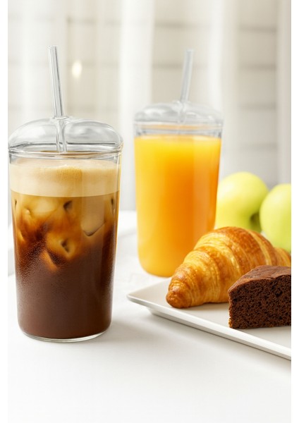 Cam Bardak Kapaklı ve Pipetli Kahve Sunum Bardağı Soğuk Kahve Bardağı Meşrubat Bardağı Casapetra modelleri