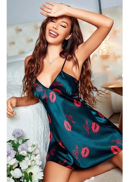 Kadın Turkuaz Saten Mini Elbise Fantezi Kırmızı Ruj Mini Elbise Gecelik Özel Gün Elbise fiyatları