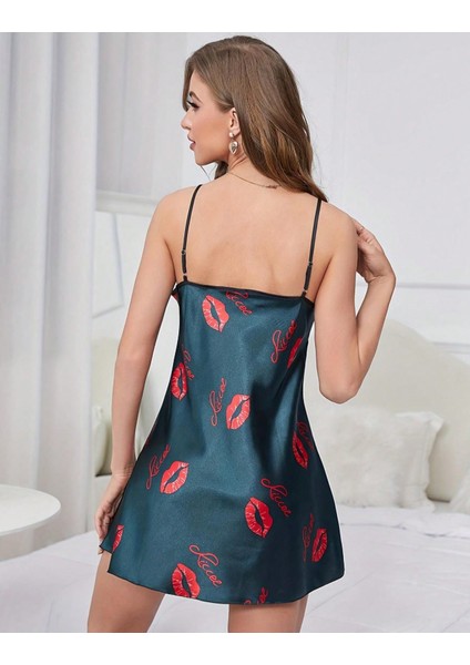 Kadın Turkuaz Saten Mini Elbise Fantezi Kırmızı Ruj Mini Elbise Gecelik Özel Gün Elbise fırsatları
