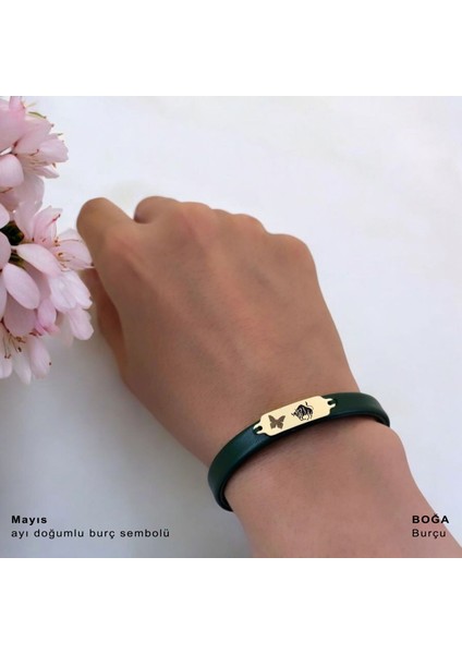 14 Ayar Plakalı Altın Boğa Burçlarına Özel Yeşil Derili Kelebek Motifli Hediye BILEKLIK-650BURÇ