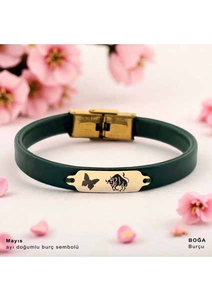 14 Ayar Plakalı Altın Boğa Burçlarına Özel Yeşil Derili Kelebek Motifli Hediye BILEKLIK-650BURÇ fiyatları