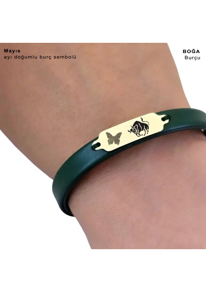 14 Ayar Plakalı Altın Boğa Burçlarına Özel Yeşil Derili Kelebek Motifli Hediye BILEKLIK-650BURÇ fırsatları
