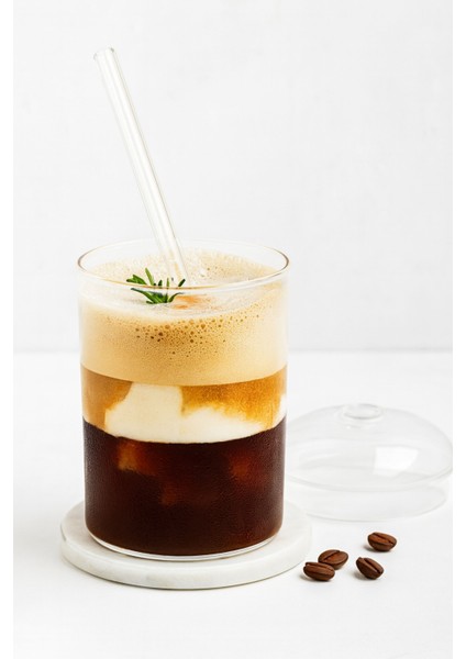 Cam Bardak Kapaklı ve Pipetli Kahve Sunum Bardağı Soğuk Kahve Bardağı Meşrubat Bardağı Casapetra indirimleri