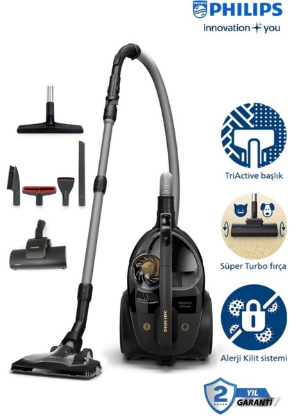 Pihilips Sessiz ve Güçlü 5 Yıl Garanti Marathon Ultimate Toz Torbasız Elektrikli Süpürge HEPA13 XB9125 +Turbo Halı döver Başlıklı