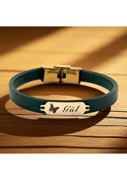 14 Ayar Plakalı Altın Gül Ismine Özel Koyu Yeşil Derili Kelebek Motifli Hediye BILEKLIK-650ISIM fiyatları