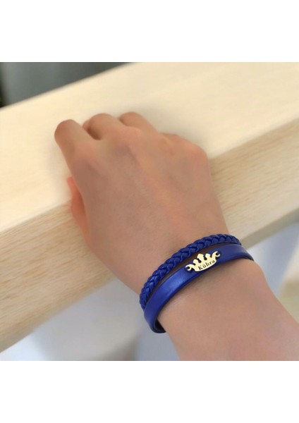 14 Ayar Plakalı Altın Kübra Ismine Özel Doğal Lacivert Derili Taç Figürlü Hediye BILEKLIK-649ISIM