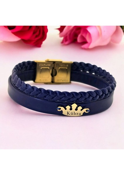 14 Ayar Plakalı Altın Kübra Ismine Özel Doğal Lacivert Derili Taç Figürlü Hediye BILEKLIK-649ISIM fiyatları