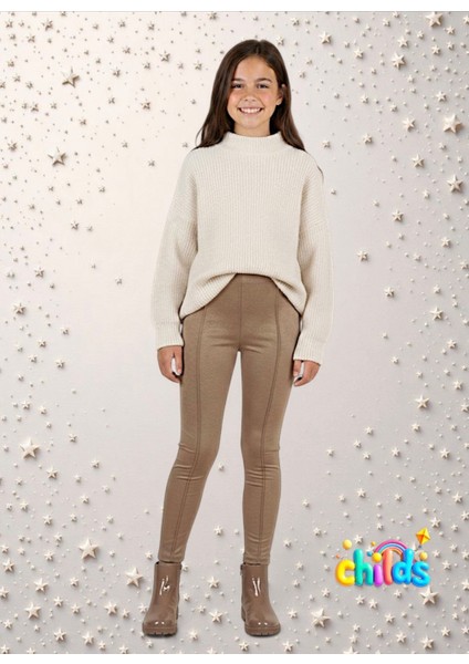 Süet Şardonsuz Lıkralı Kız Çocuk Dikişli Nervürlü Tayt Pantolon