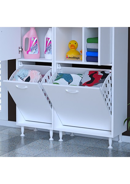 Forbest Inci Çok Amaçlı Dolap Çamaşır Sepetli Dolap 3 Kapaklı Banyo Dolabı Mutfak Dolabı