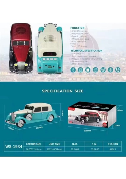 WS1934 Model Klasik Araba Şarjlı Bluetooth Hoparlör Ses Speaker Müzik Çalar Subwoofer Kolon Fm Radyo Sd Kart USB