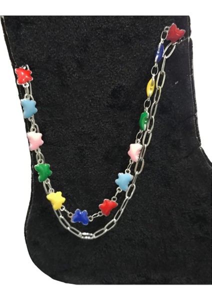 Gümüş Renkli Kelebek Model Çift Zincirli Kadın Paslanmaz Çelik Halhal